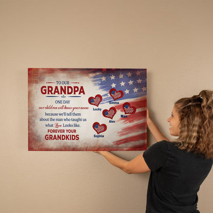 Personalized To Our Grandpa Canvas – Custom Grandkids Names Patriotic Family Wall Art