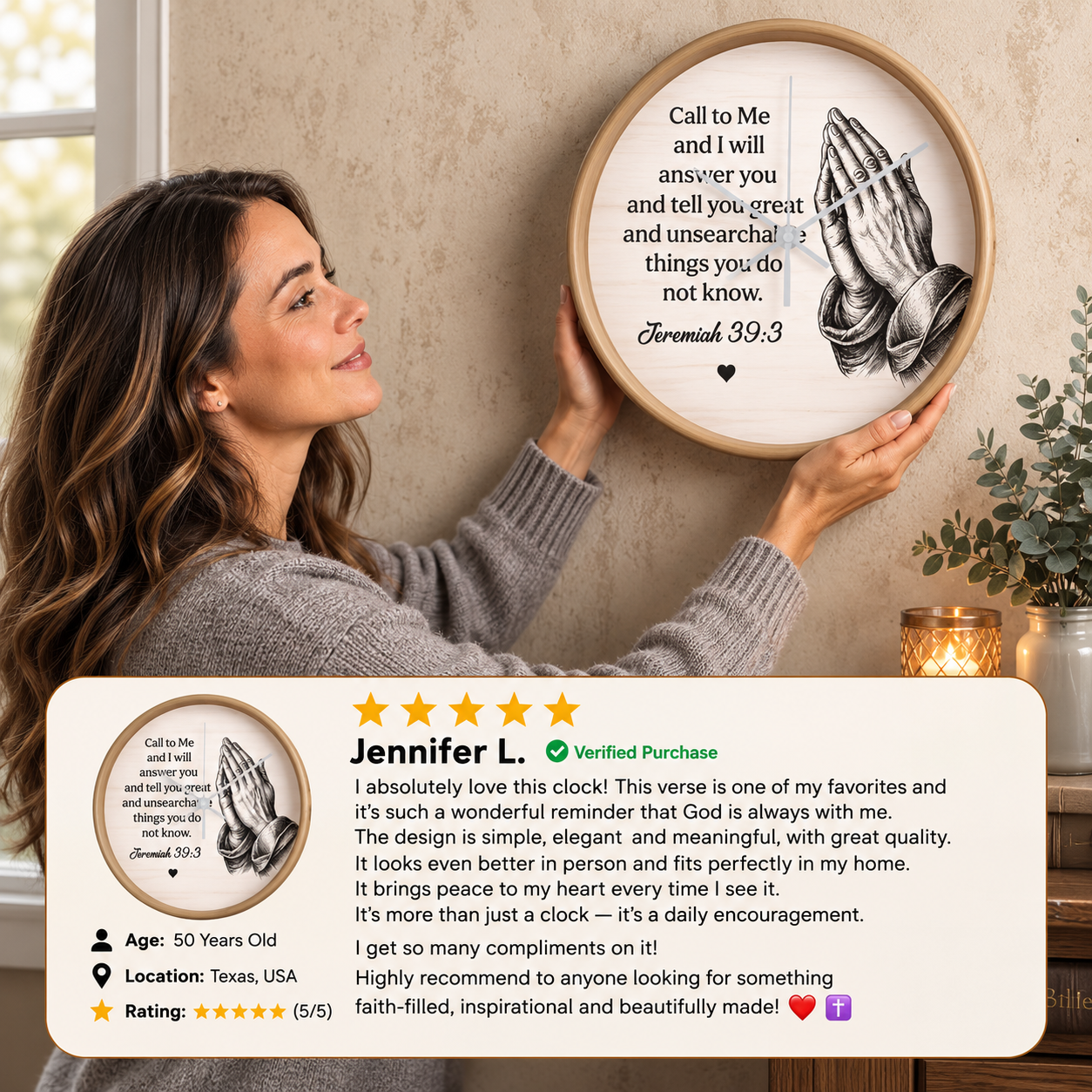 Jeremiah 33:3 Christian Wall Clock – Call to Me and I Will Answer You | Prayer Hands Bible Verse Wall Clock | Inspirational Christian Home Decor
