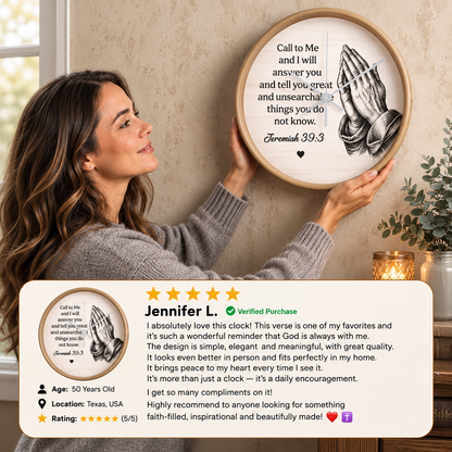 Jeremiah 33:3 Christian Wall Clock – Call to Me and I Will Answer You | Prayer Hands Bible Verse Wall Clock | Inspirational Christian Home Decor
