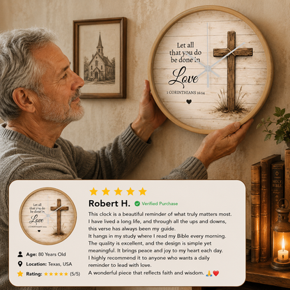 1 Corinthians 16:14 Christian Wall Clock – Let All That You Do Be Done in Love | Rustic Cross Bible Verse Wall Clock | Faith Home Decor