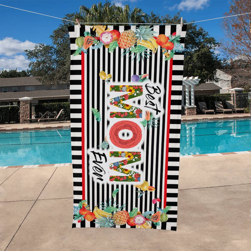 Beach Towel-Best Mom Ever Stripes and Fruit - YERTIZZ.COM