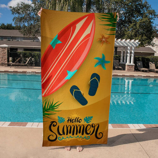 Beach Towel-Hello Summer With Surfboard and Sandals - YERTIZZ.COM