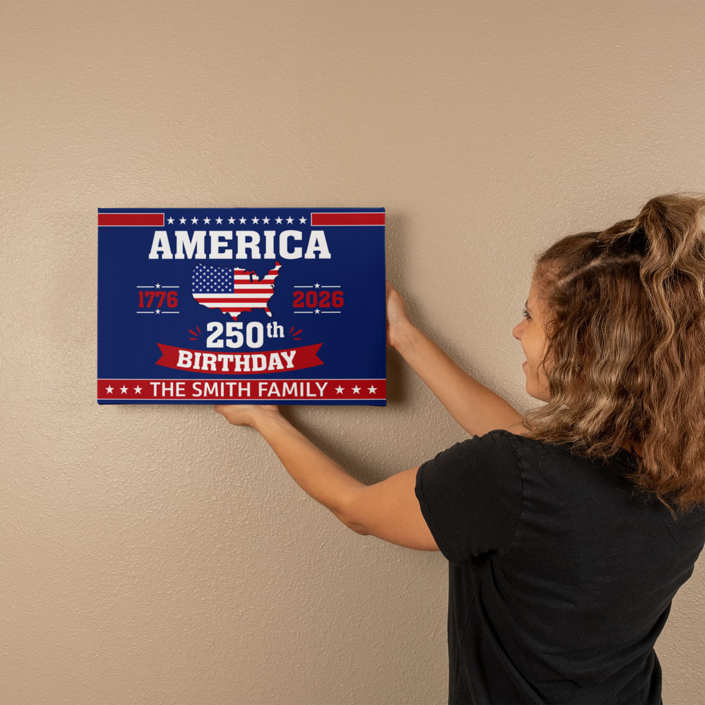 Personalized America 250th Birthday Gallery Wrapped Canvas – Custom Family Name Patriotic Wall Art