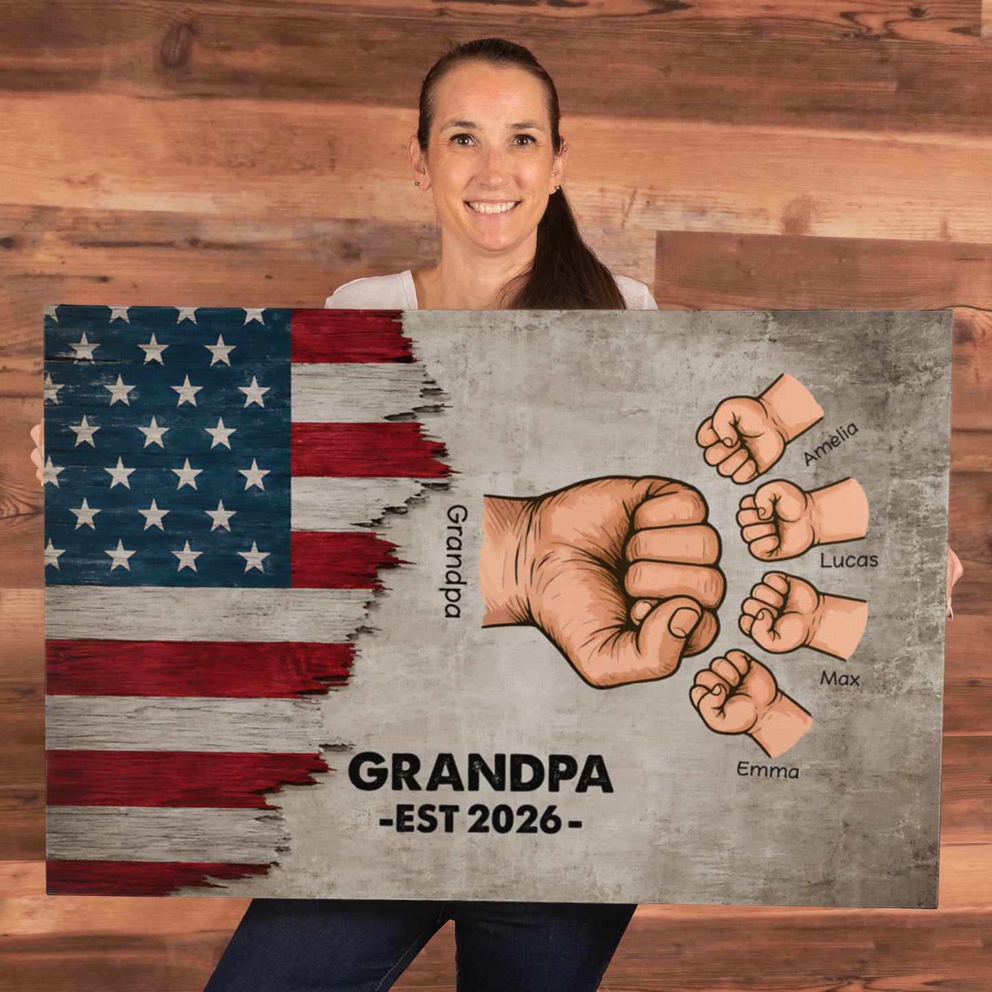 Personalized Grandpa Fist Bump Canvas – Custom Grandkids Names Patriotic Family Wall Art for Grandpa