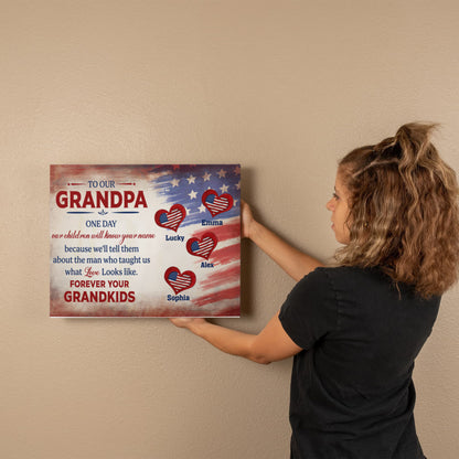 Personalized To Our Grandpa Canvas – Custom Grandkids Names Patriotic Family Wall Art