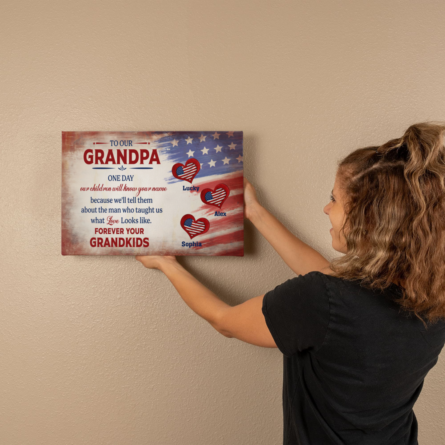 Personalized To Our Grandpa Canvas – Custom Grandkids Names Patriotic Family Wall Art