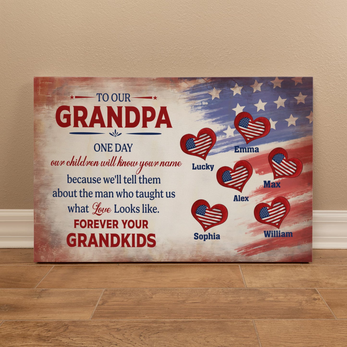 Personalized To Our Grandpa Canvas – Custom Grandkids Names Patriotic Family Wall Art