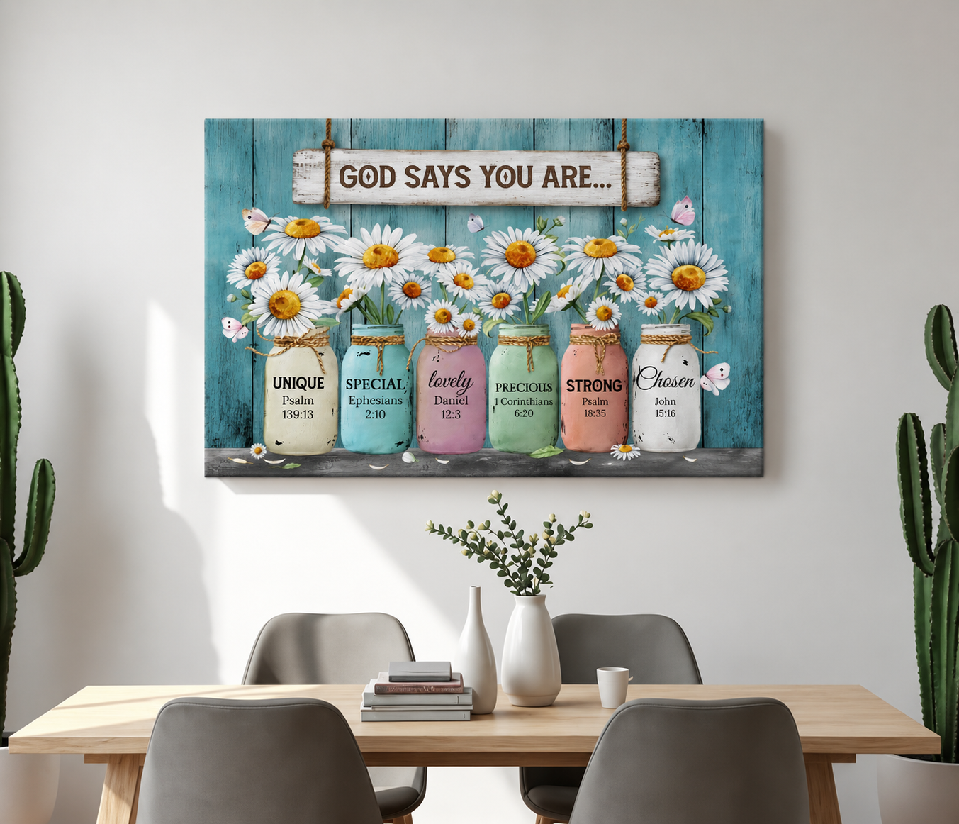 God Says You Are Unique Special Precious Strong Chosen Christian Canvas Wall Art | Daisy Mason Jar Farmhouse Decor | Inspirational Bible Verse Wall Decor