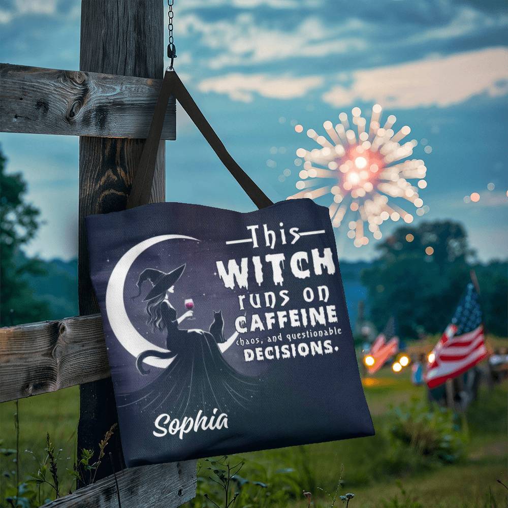 Custom Witch Tote Bag – “This Witch Runs on Caffeine, Chaos & Questionable Decisions !