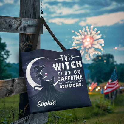 Custom Witch Tote Bag – “This Witch Runs on Caffeine, Chaos & Questionable Decisions !