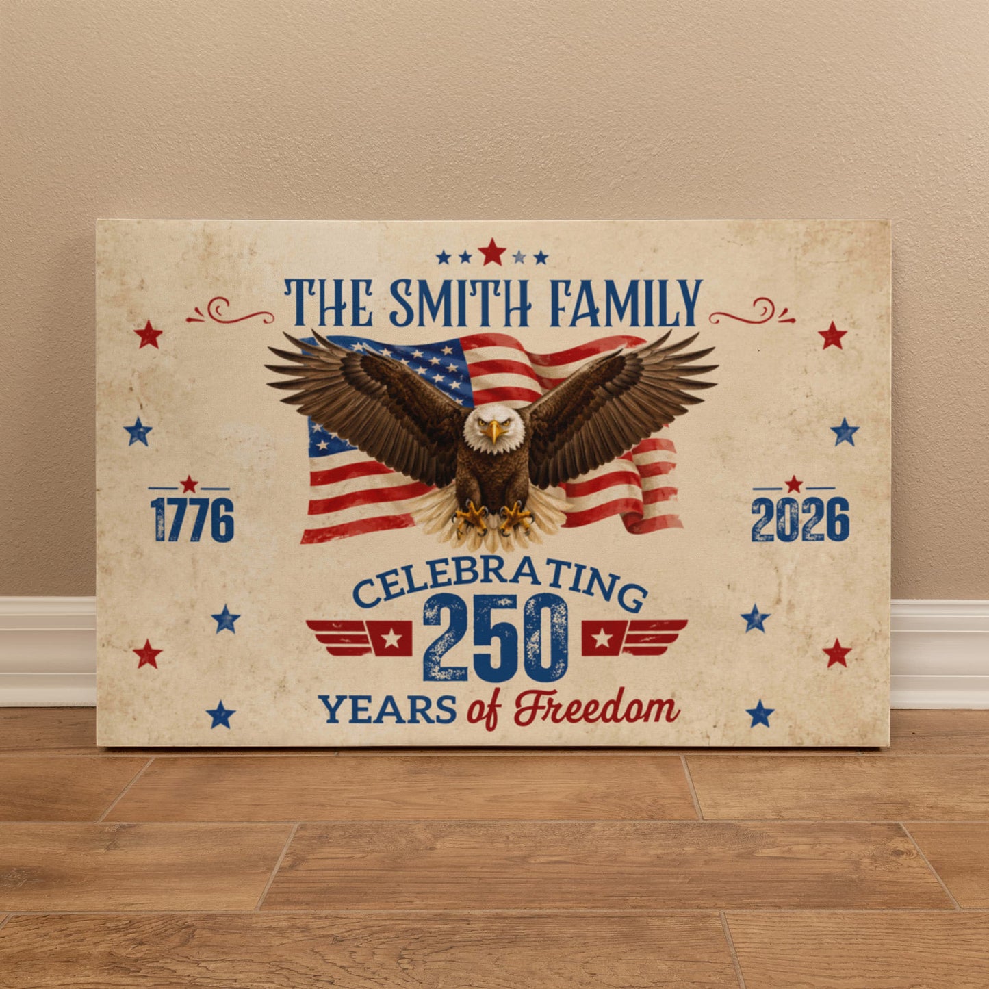 Personalized 250 Years of Freedom Gallery Wrapped Canvas – Custom Family Name Patriotic Eagle Wall Art