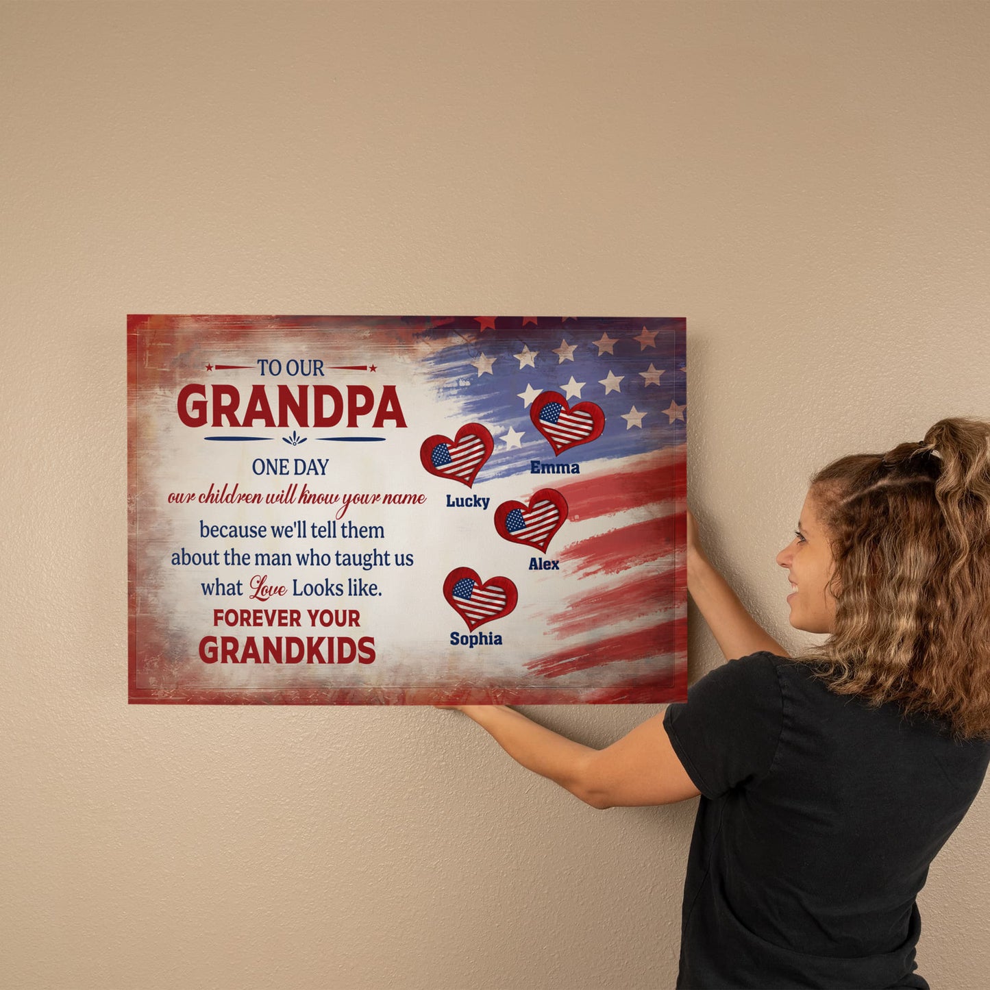 Personalized To Our Grandpa Canvas – Custom Grandkids Names Patriotic Family Wall Art