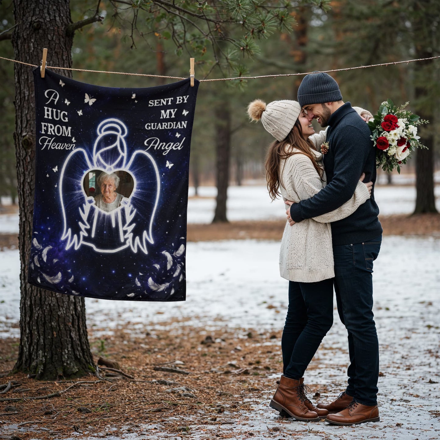 Hug From Heaven Memorial Blanket | Sent by My Guardian Angel Personalized Photo Blanket | Sympathy Gift for Loss of Loved One