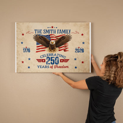 Personalized 250 Years of Freedom Gallery Wrapped Canvas – Custom Family Name Patriotic Eagle Wall Art