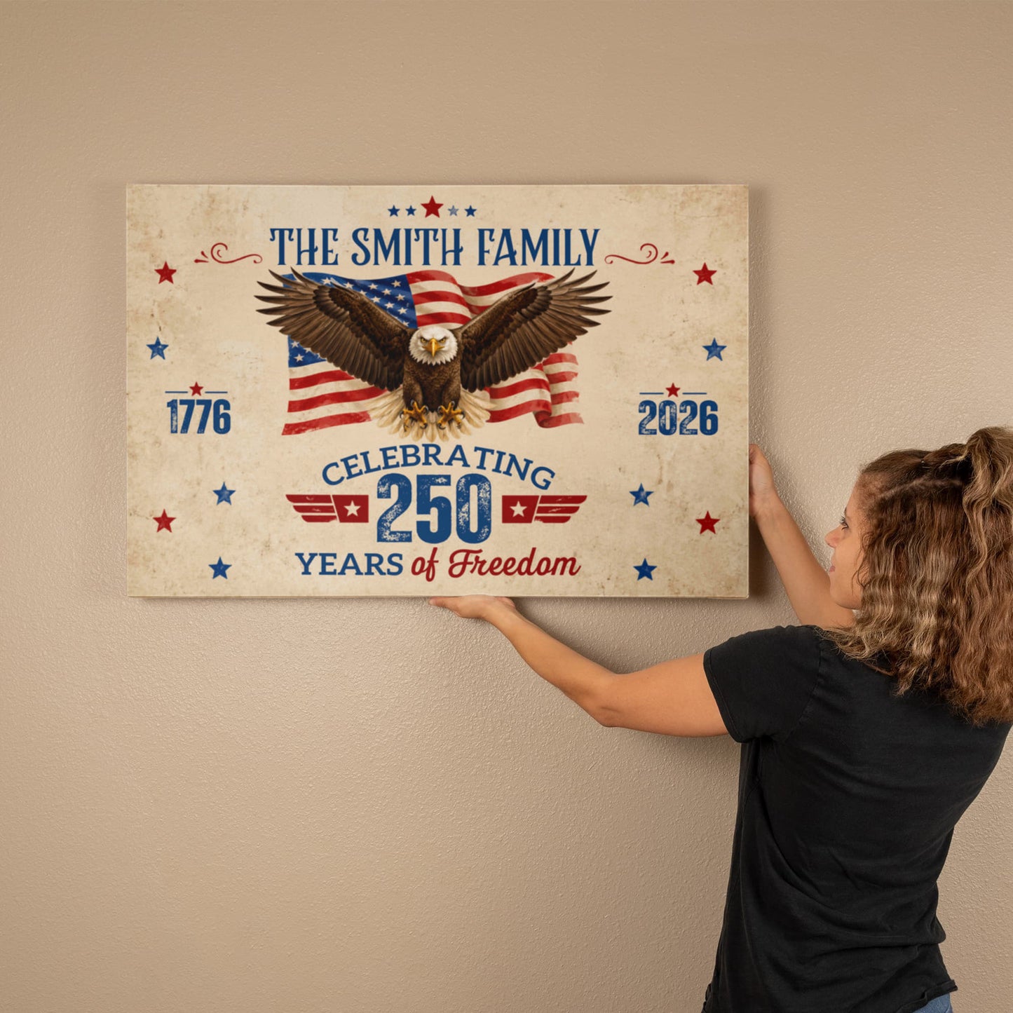 Personalized 250 Years of Freedom Gallery Wrapped Canvas – Custom Family Name Patriotic Eagle Wall Art