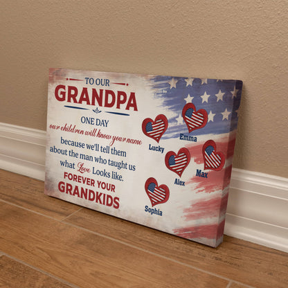 Personalized To Our Grandpa Canvas – Custom Grandkids Names Patriotic Family Wall Art