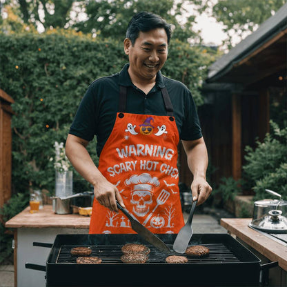 Custom Halloween Apron for Dad, Personalized Skeleton BBQ Apron, Funny Cooking Apron with “Scary Hot Chef” Design for Men