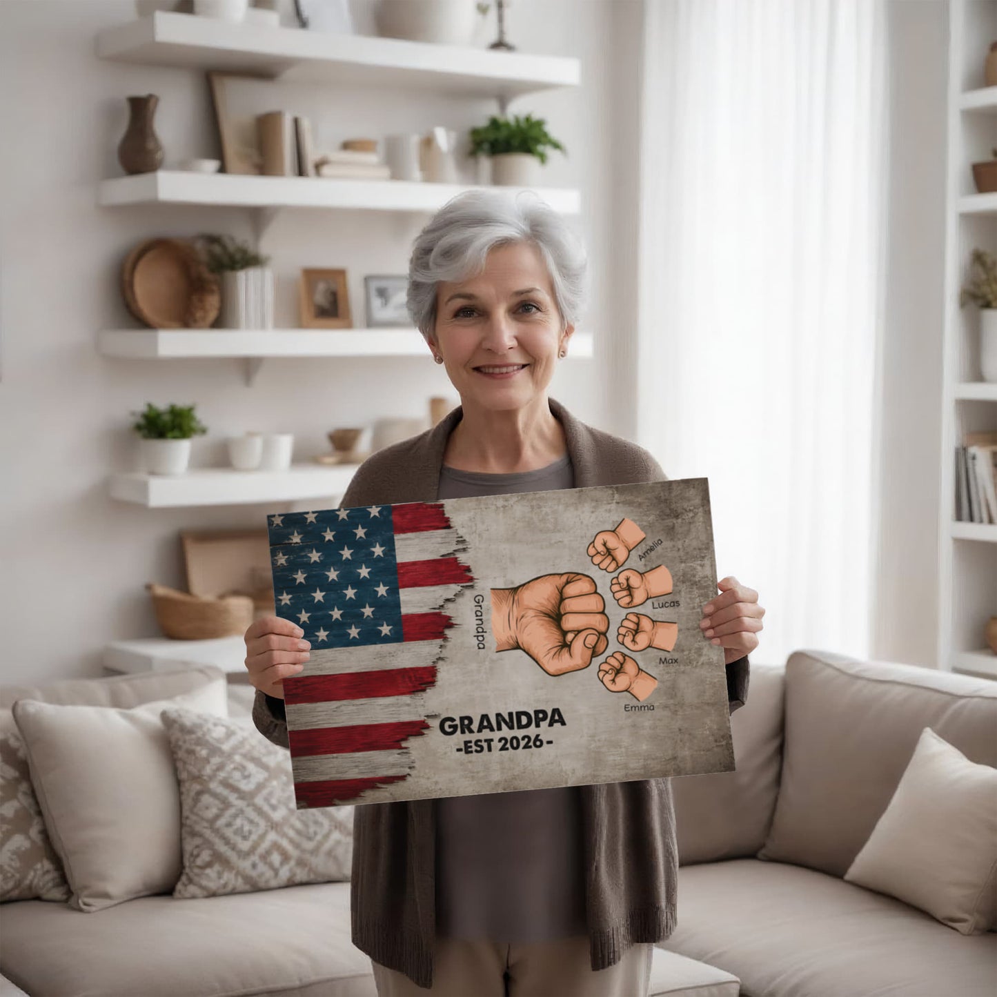 Personalized Grandpa Fist Bump Canvas – Custom Grandkids Names Patriotic Family Wall Art for Grandpa