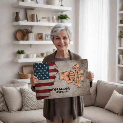 Personalized Grandpa Fist Bump Canvas – Custom Grandkids Names Patriotic Family Wall Art for Grandpa