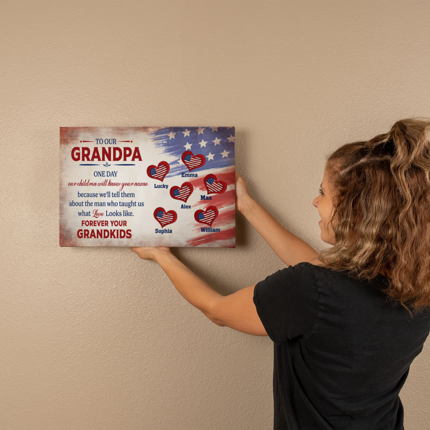 Personalized To Our Grandpa Canvas – Custom Grandkids Names Patriotic Family Wall Art