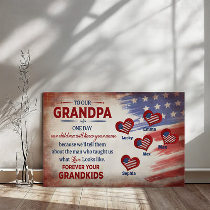 Personalized To Our Grandpa Canvas – Custom Grandkids Names Patriotic Family Wall Art