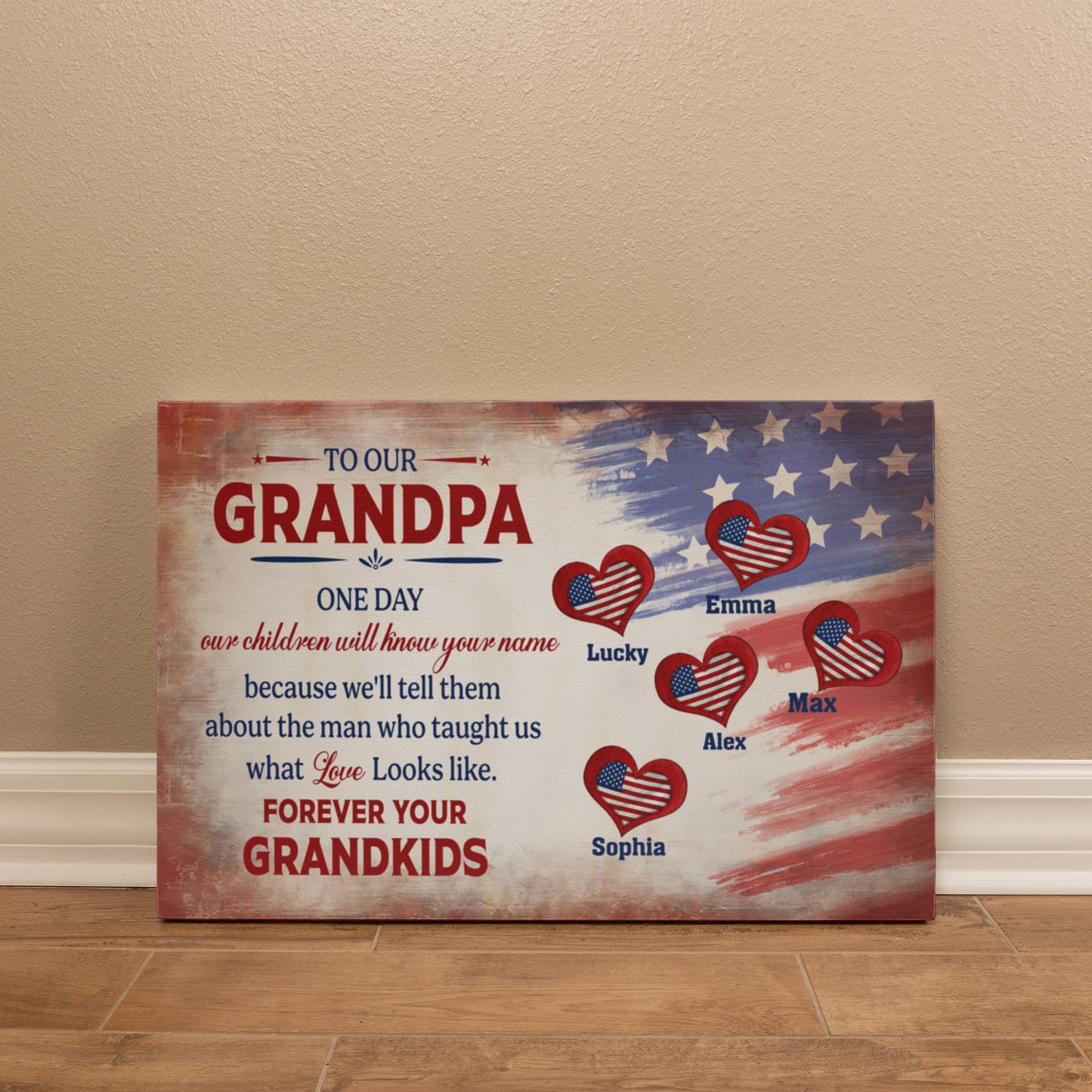 Personalized To Our Grandpa Canvas – Custom Grandkids Names Patriotic Family Wall Art