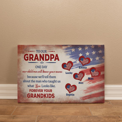 Personalized To Our Grandpa Canvas – Custom Grandkids Names Patriotic Family Wall Art