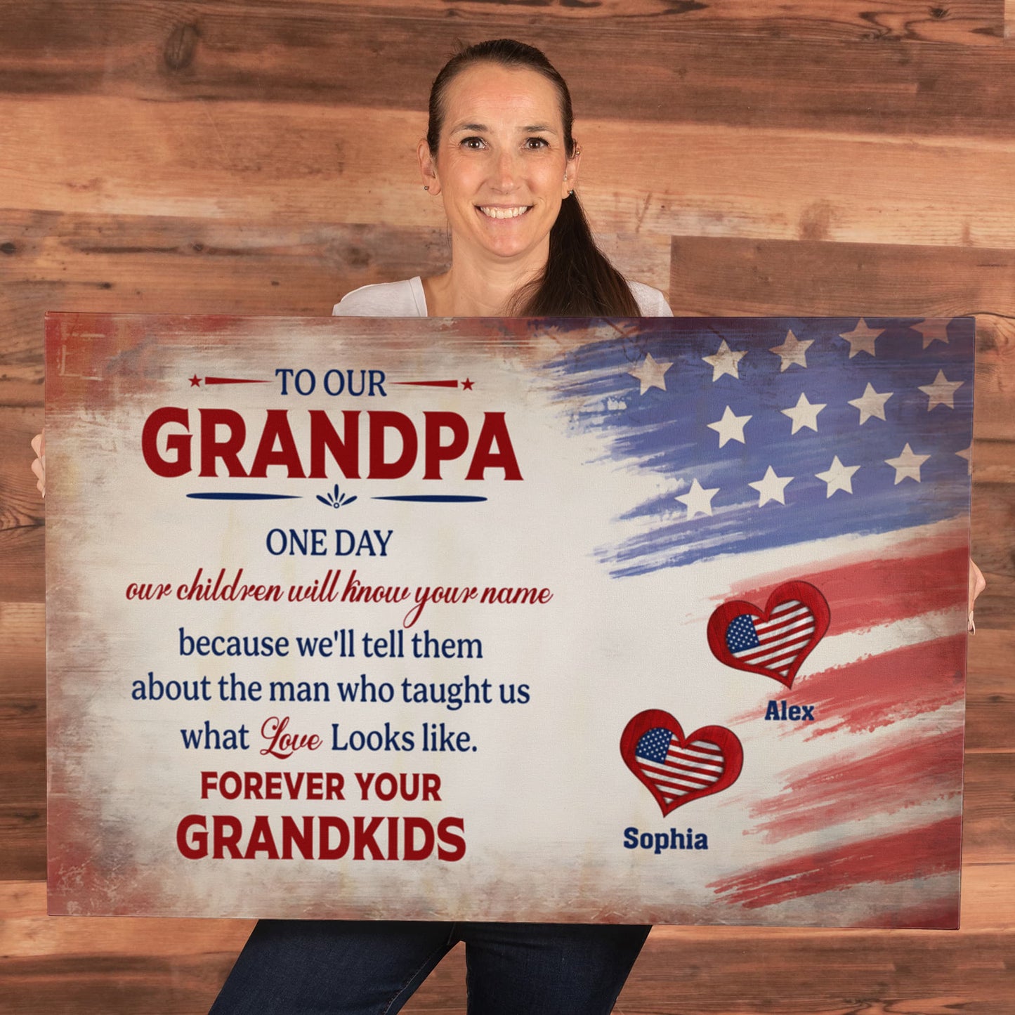 Personalized To Our Grandpa Canvas – Custom Grandkids Names Patriotic Family Wall Art