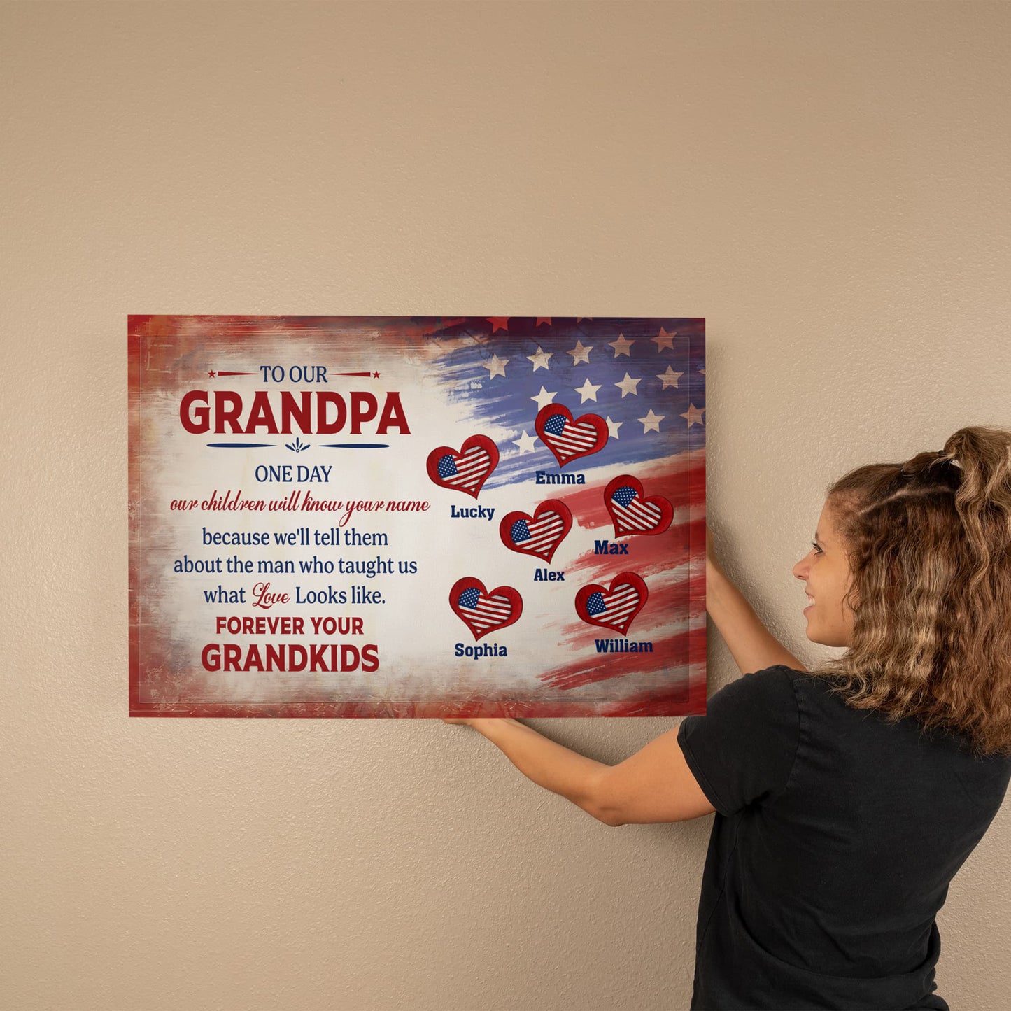 Personalized To Our Grandpa Canvas – Custom Grandkids Names Patriotic Family Wall Art