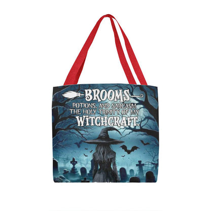 Brooms, Potions & Sarcasm: The Holy Trinity of My Witchcraft” Gothic Halloween Tote Bag !