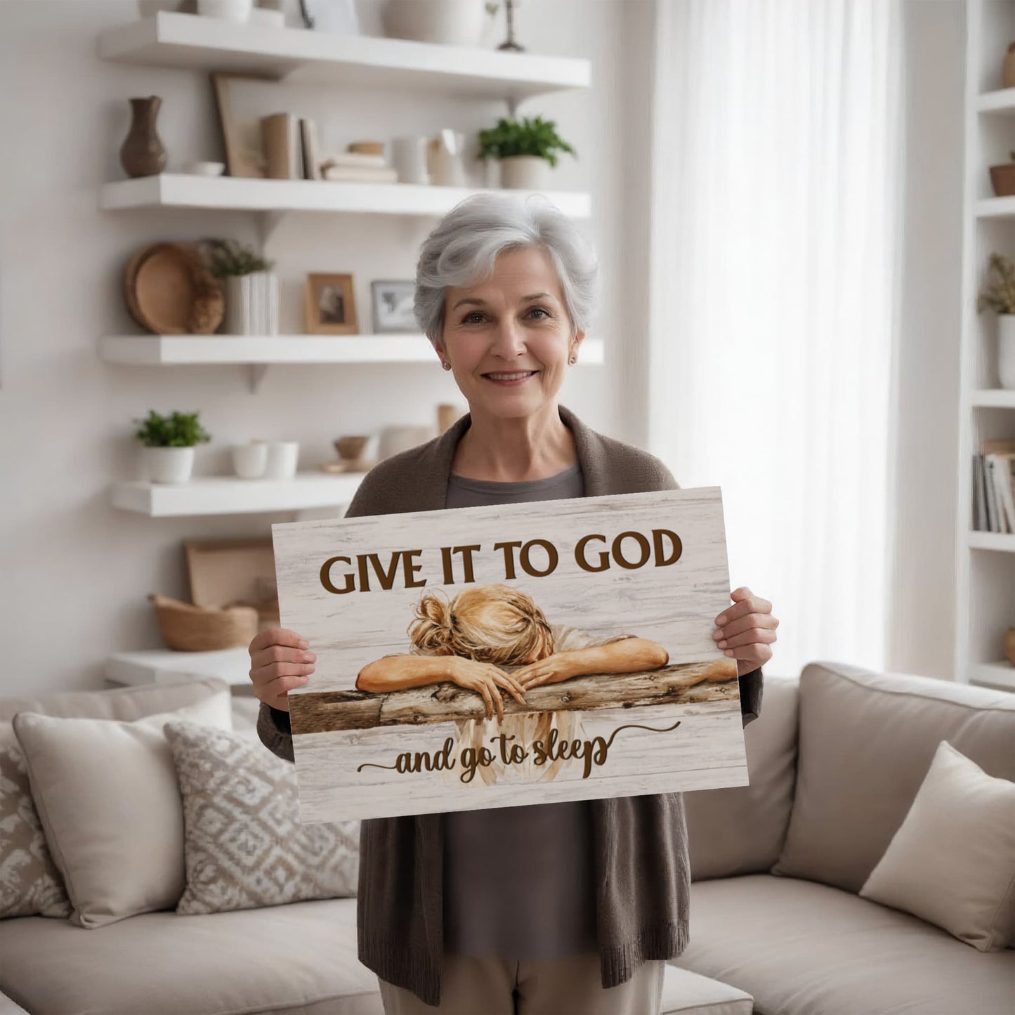 Give It to God and Go to Sleep Canvas Wall Art – Christian Faith Inspirational Farmhouse Decor