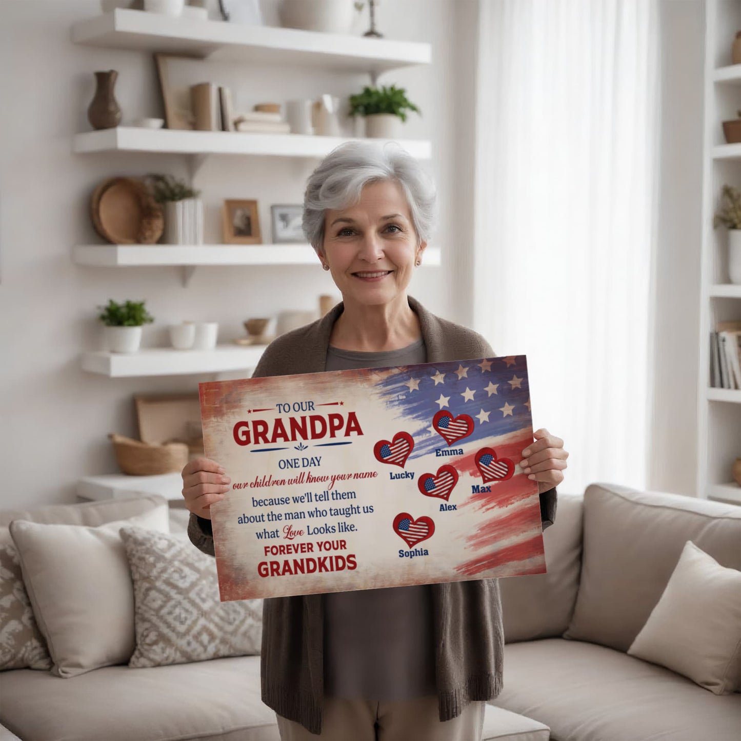 Personalized To Our Grandpa Canvas – Custom Grandkids Names Patriotic Family Wall Art