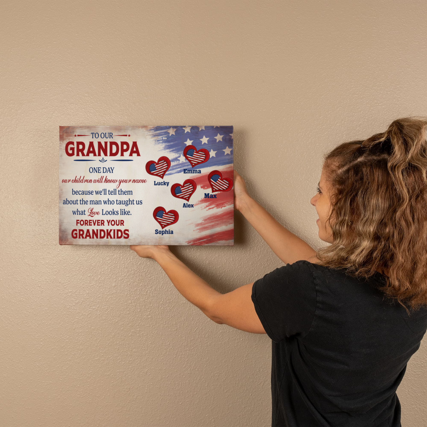 Personalized To Our Grandpa Canvas – Custom Grandkids Names Patriotic Family Wall Art