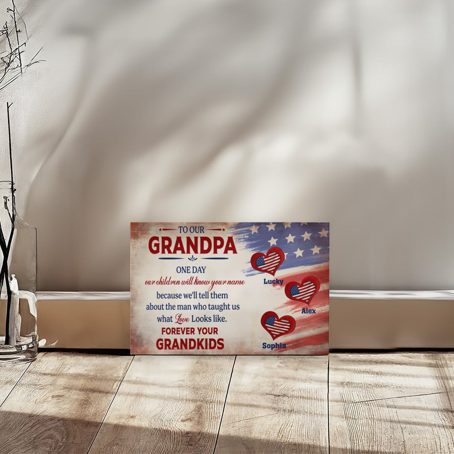 Personalized To Our Grandpa Canvas – Custom Grandkids Names Patriotic Family Wall Art