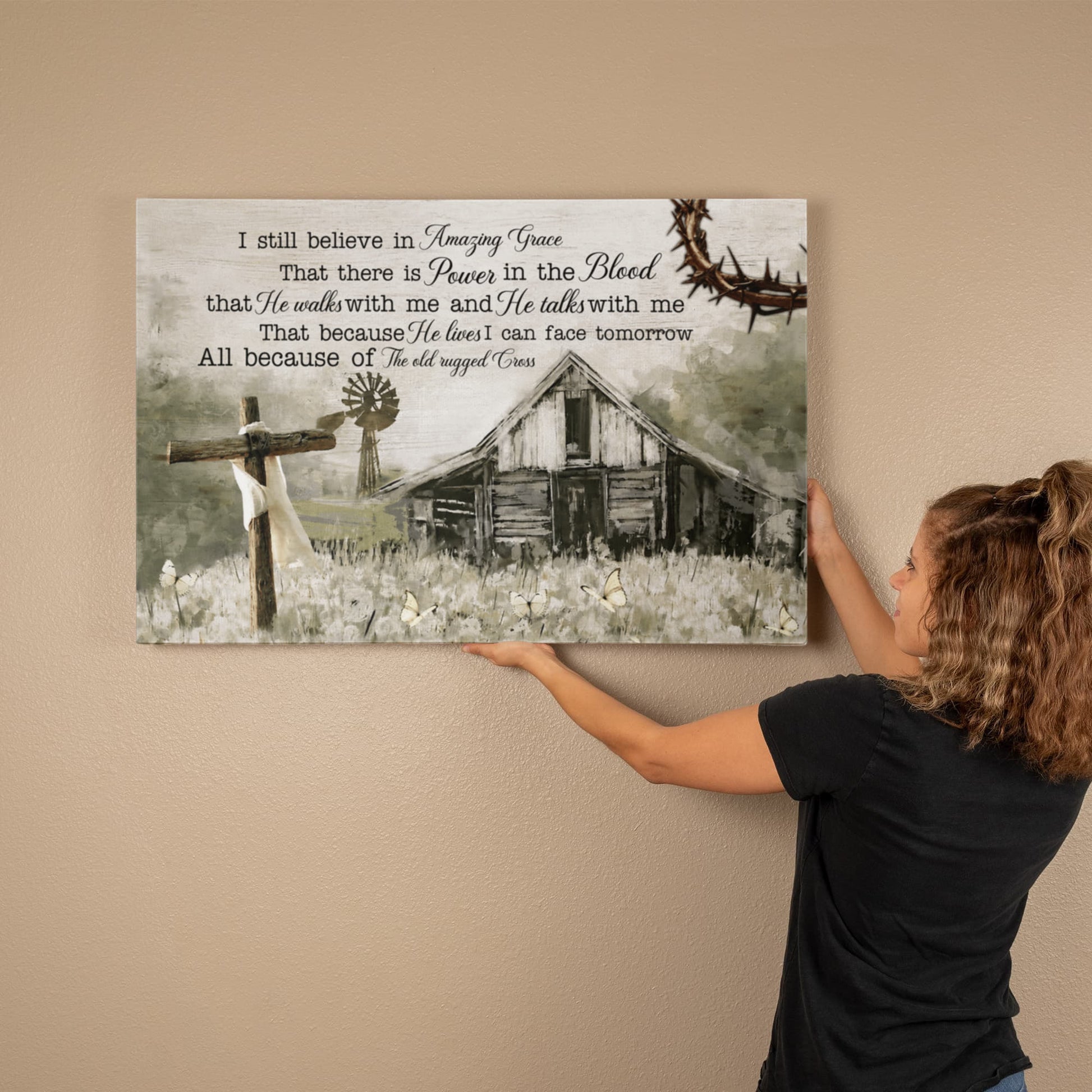 Vintage windmill and flower field religious wall art