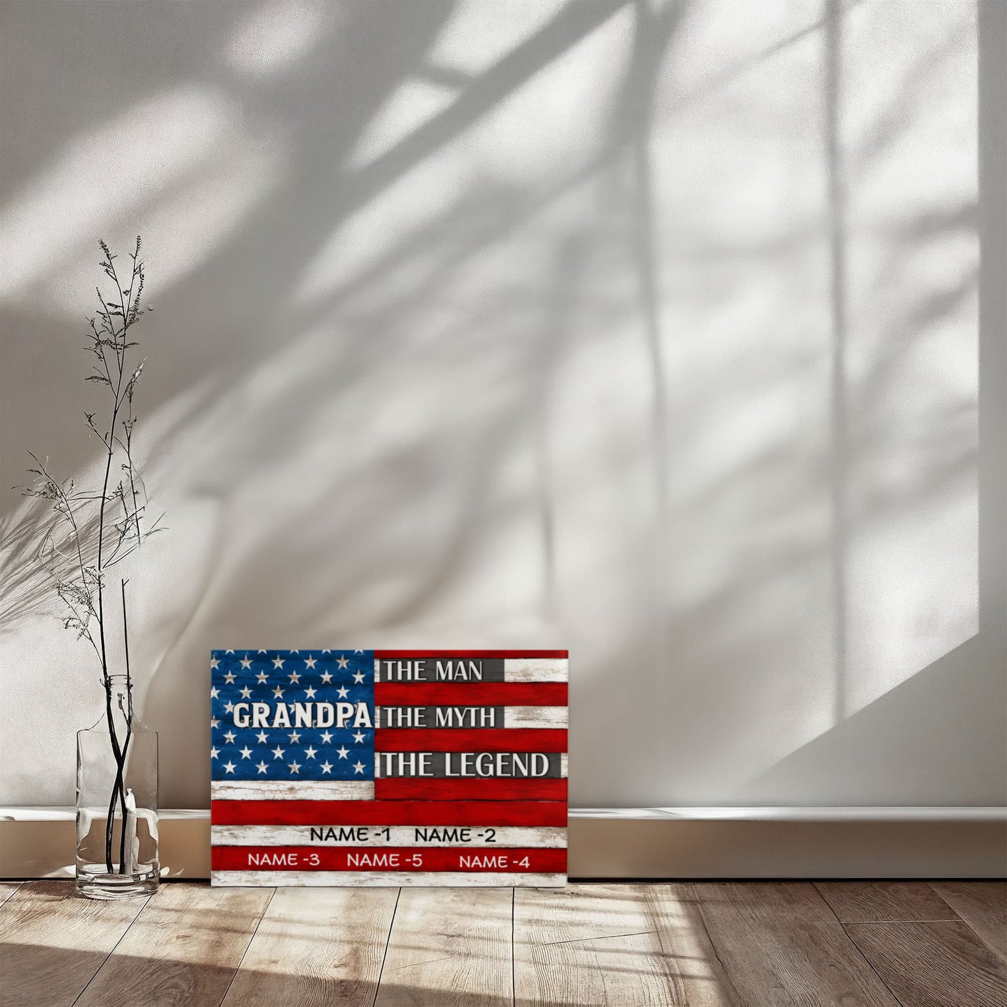 Personalized Grandpa The Man The Myth The Legend Canvas – Custom Grandkids Names Patriotic American Flag Wall Art