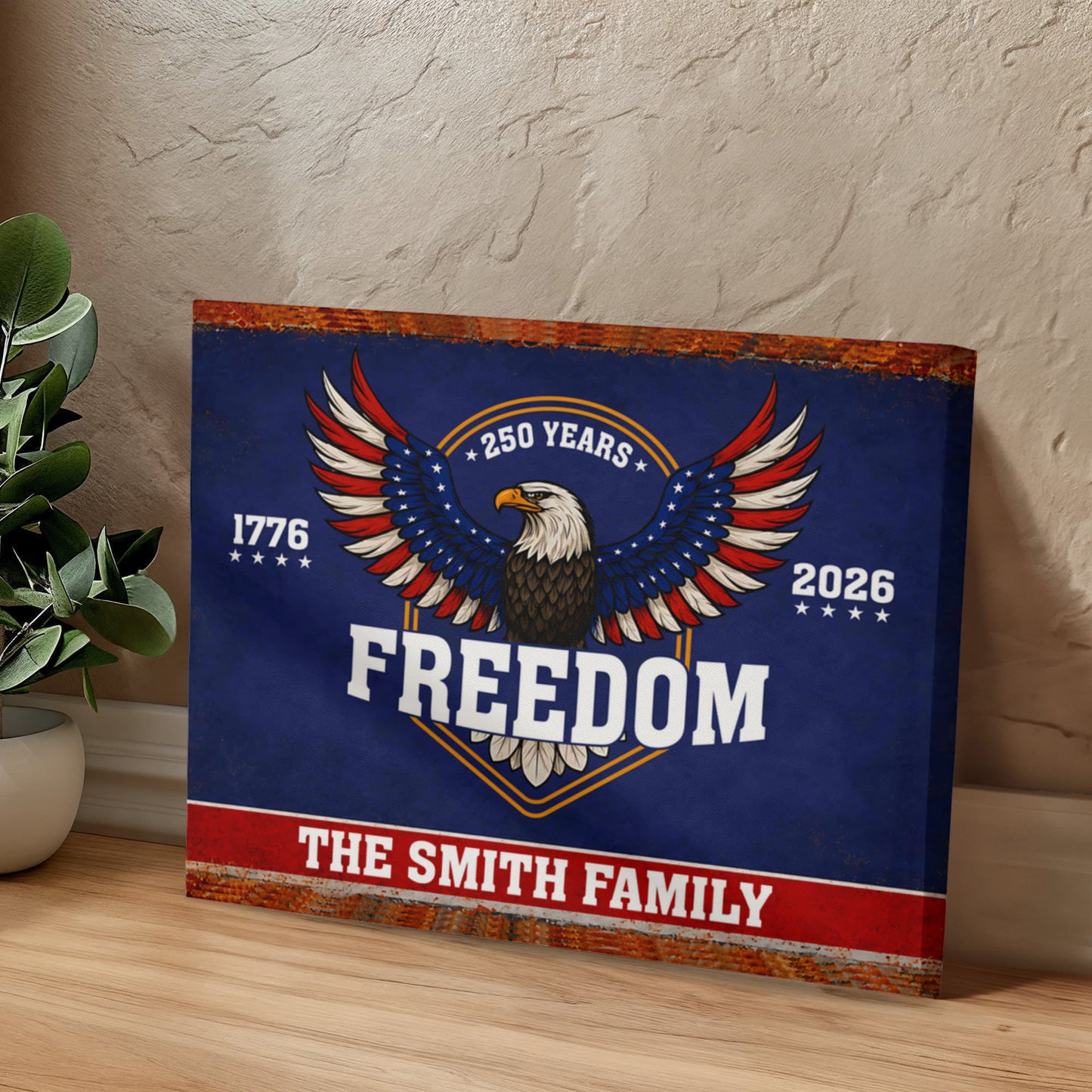 Personalized Freedom Eagle Gallery Wrapped Canvas – Custom Family Name 250 Years of Freedom Patriotic Wall Art