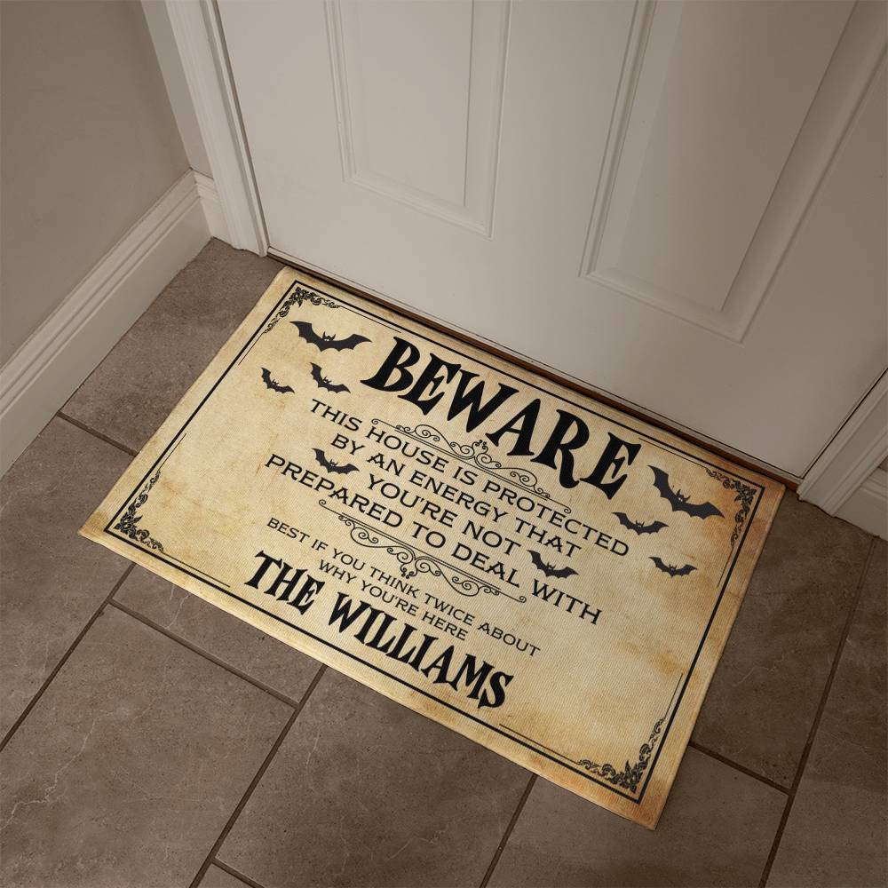 Personalized Halloween Doormat, Custom Beware Welcome Mat with Family Name, Spooky Front Porch Decor, Haunted House Entryway Mat