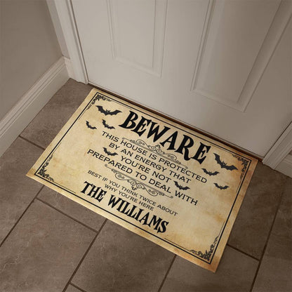 Personalized Halloween Doormat, Custom Beware Welcome Mat with Family Name, Spooky Front Porch Decor, Haunted House Entryway Mat