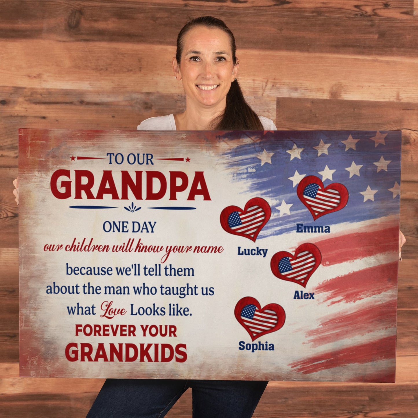 Personalized To Our Grandpa Canvas – Custom Grandkids Names Patriotic Family Wall Art