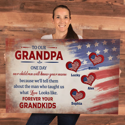 Personalized To Our Grandpa Canvas – Custom Grandkids Names Patriotic Family Wall Art