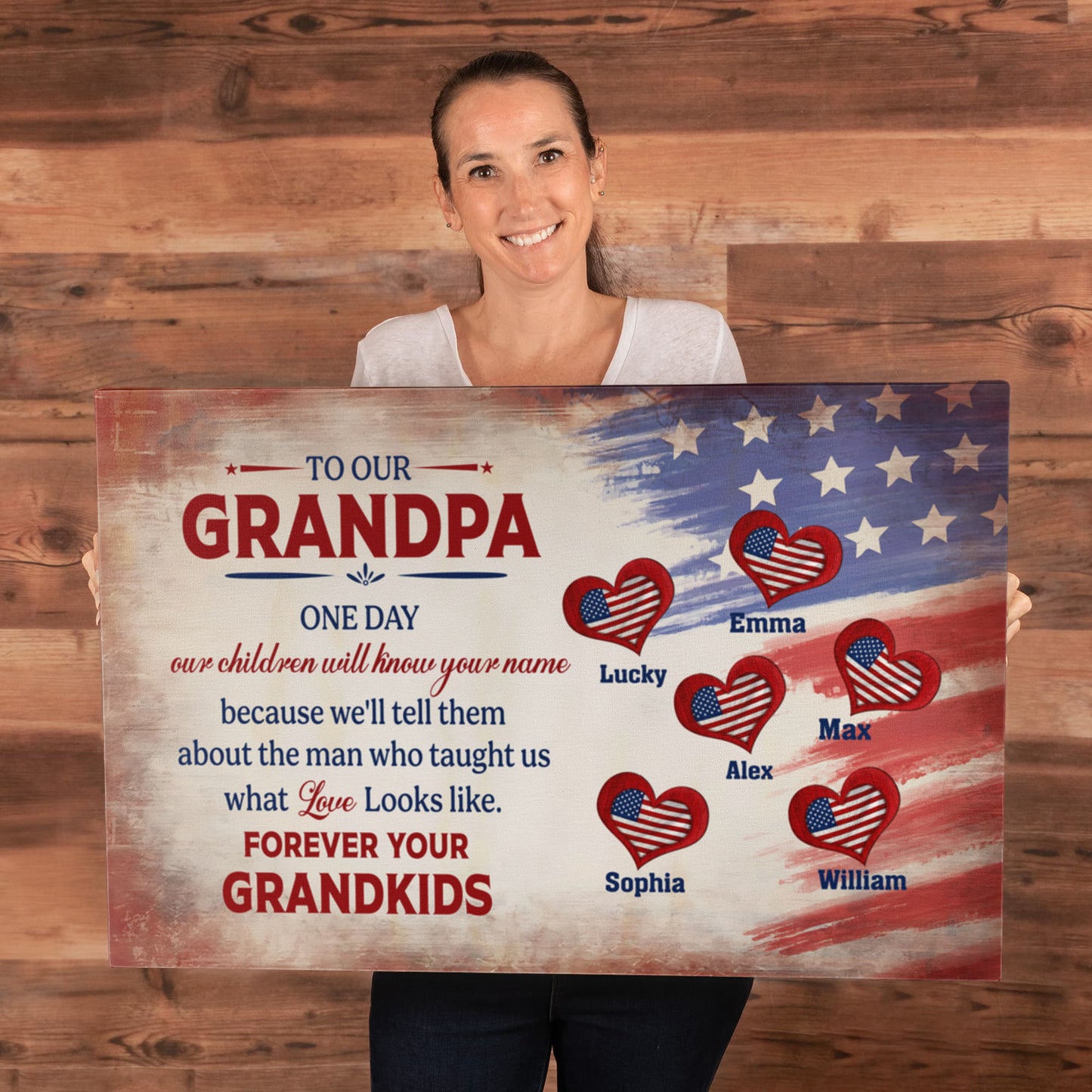 Personalized To Our Grandpa Canvas – Custom Grandkids Names Patriotic Family Wall Art