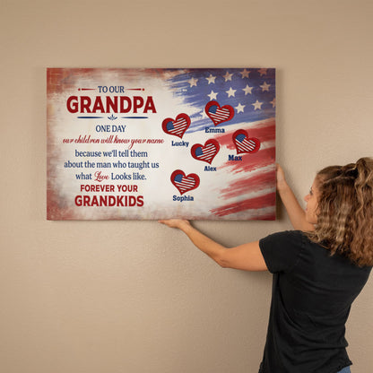 Personalized To Our Grandpa Canvas – Custom Grandkids Names Patriotic Family Wall Art