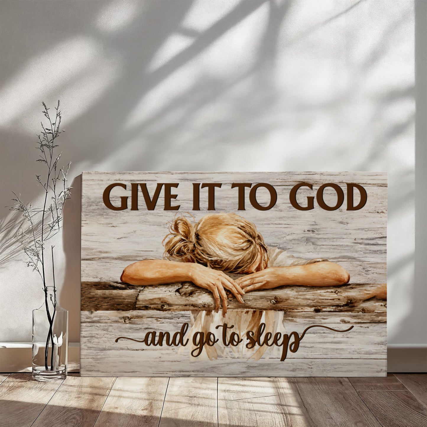 Give It to God and Go to Sleep Canvas Wall Art – Christian Faith Inspirational Farmhouse Decor