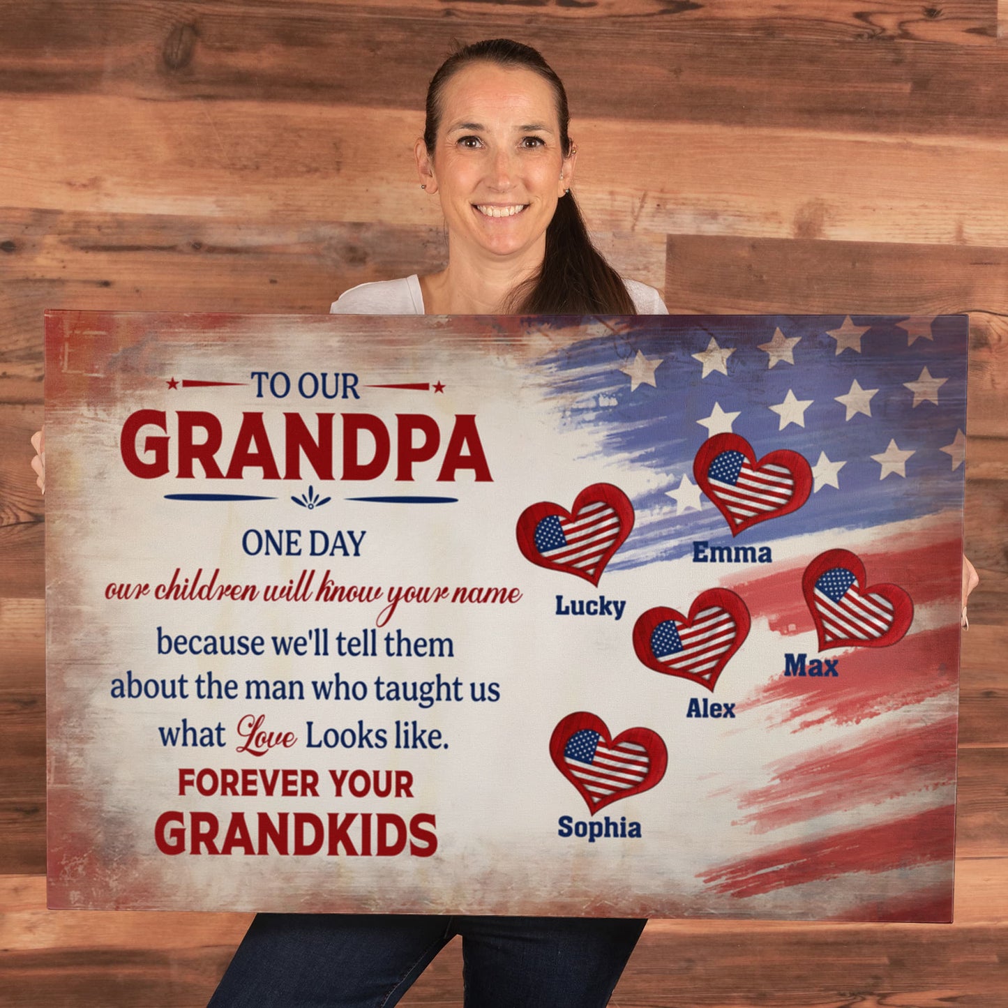 Personalized To Our Grandpa Canvas – Custom Grandkids Names Patriotic Family Wall Art