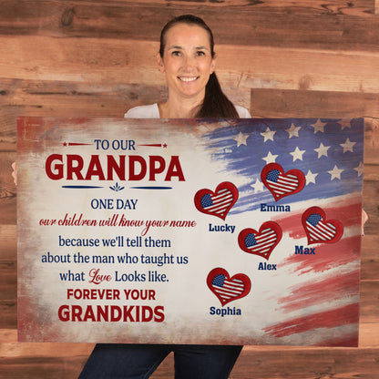 Personalized To Our Grandpa Canvas – Custom Grandkids Names Patriotic Family Wall Art