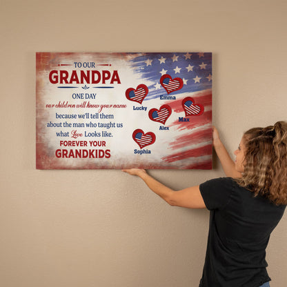 Personalized To Our Grandpa Canvas – Custom Grandkids Names Patriotic Family Wall Art