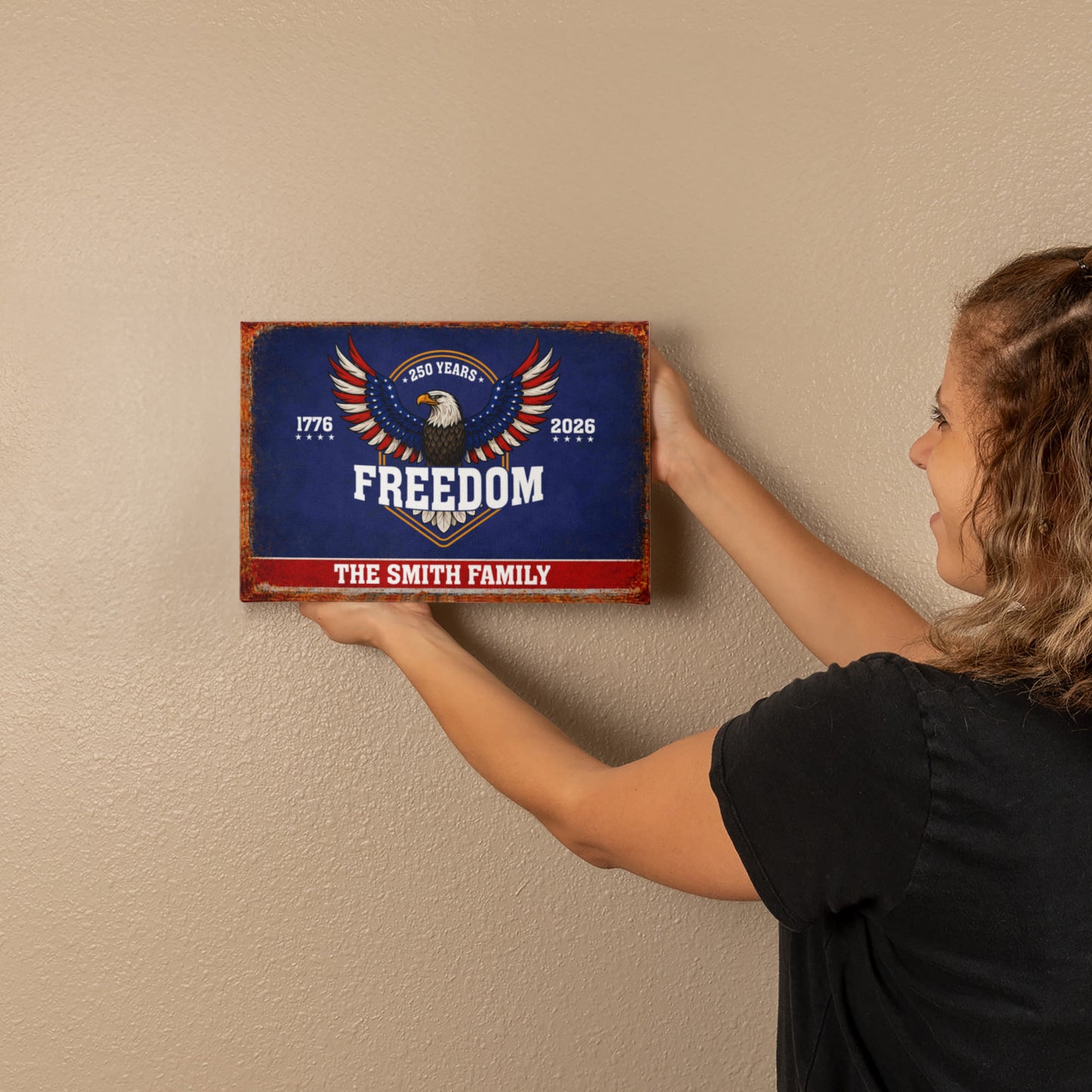 Personalized Freedom Eagle Gallery Wrapped Canvas – Custom Family Name 250 Years of Freedom Patriotic Wall Art