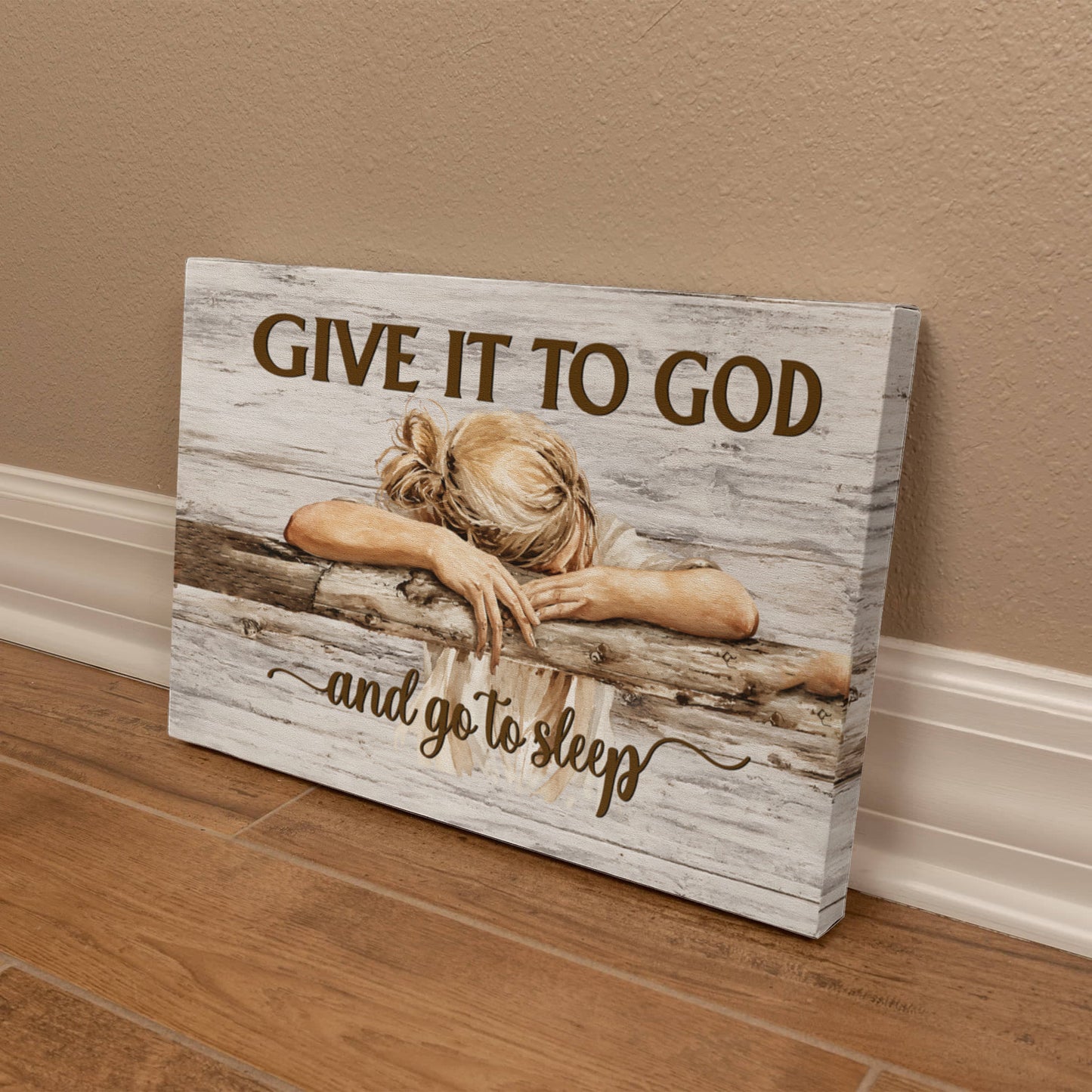 Give It to God and Go to Sleep Canvas Wall Art – Christian Faith Inspirational Farmhouse Decor
