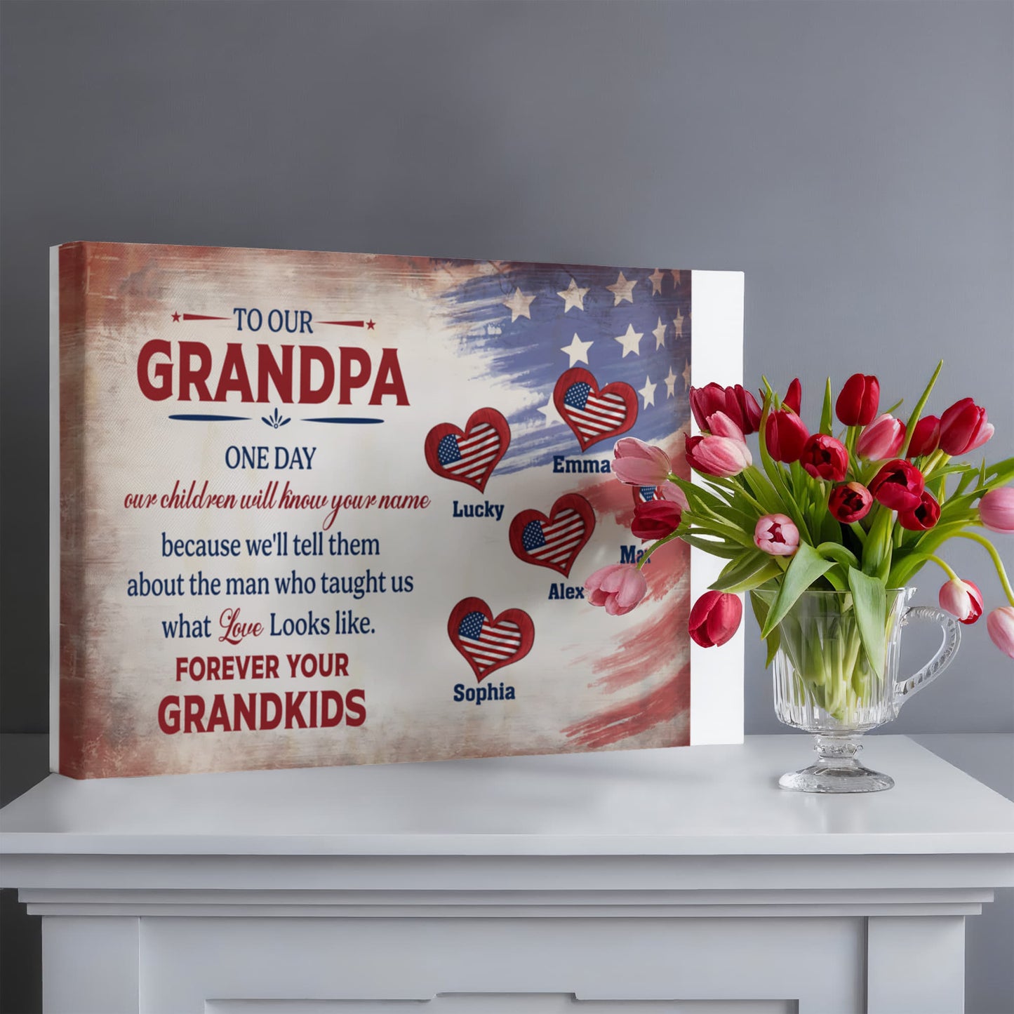 Personalized To Our Grandpa Canvas – Custom Grandkids Names Patriotic Family Wall Art
